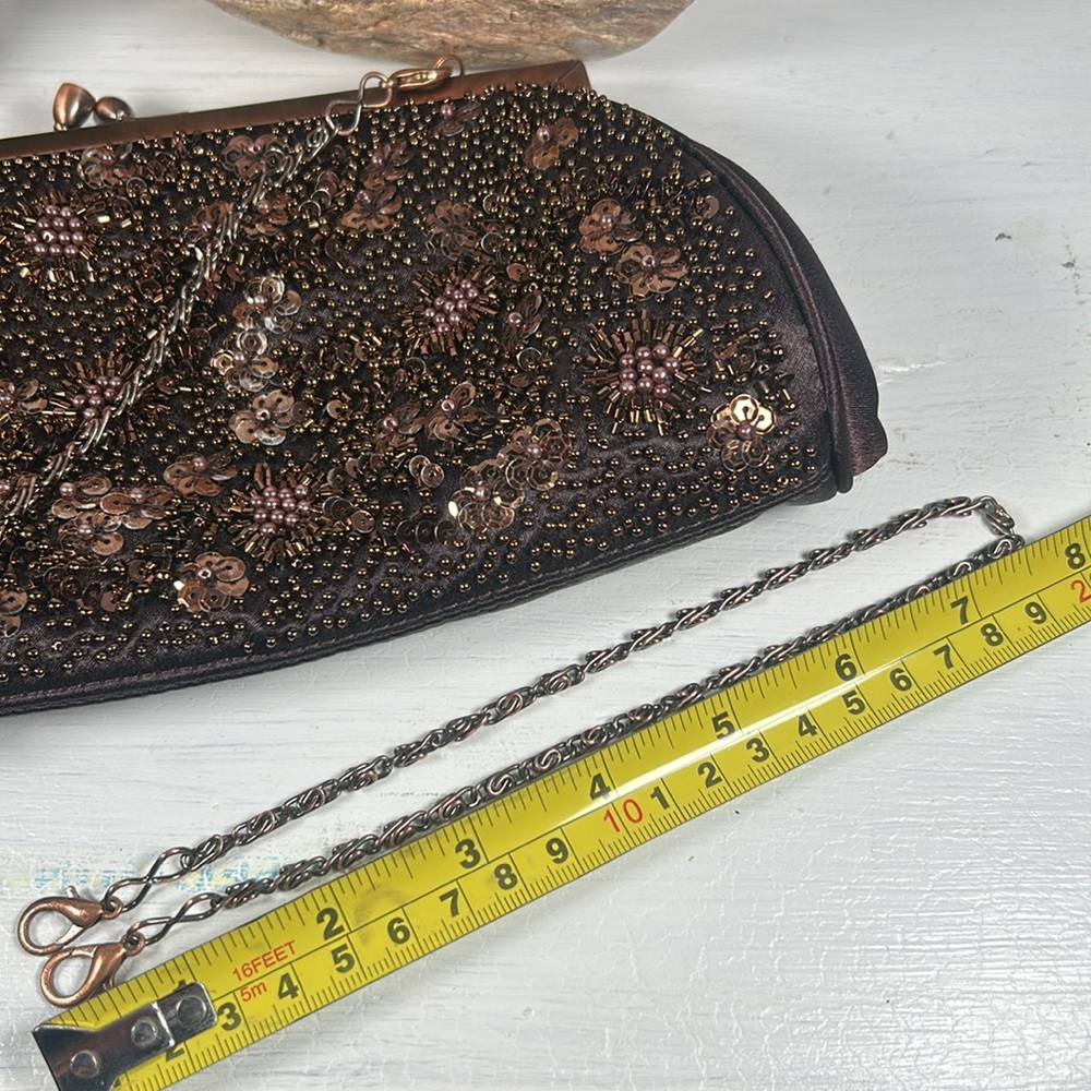 Carlo Fellini Beaded Kiss Lock Crossbody Clutch Wristlet 2 Chains Brown Copper - Picture 13 of 15